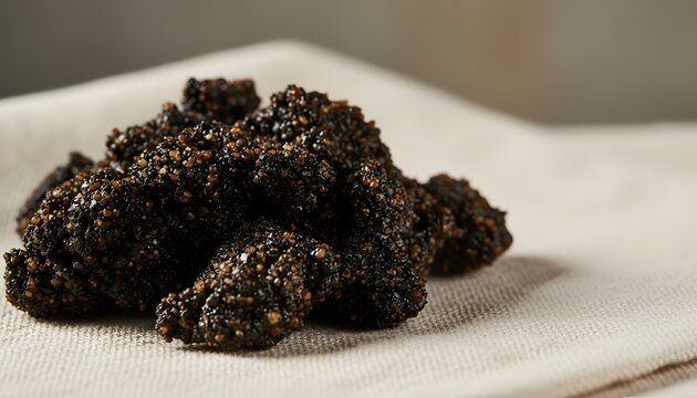 Close up of raw tar sand and bitumen soaked mineral rocks on a neutral fabric background representing petroleum extraction and fossil fuel energy resources concept