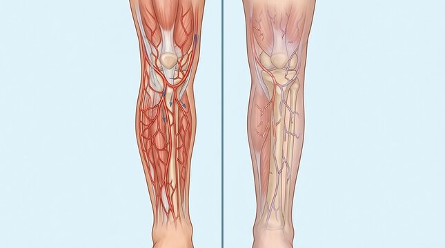 Medical illustration comparing healthy arterial and venous blood flow versus impaired circulation in the lower leg