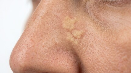Fototapeta premium Macro view of sebaceous hyperplasia and flat warts on side of nose