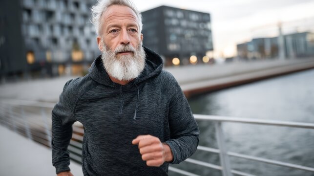 Older man running outdoors near water