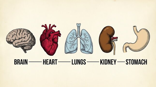 Stylized scientific illustration of human organs brain heart lungs kidney stomach on light background.