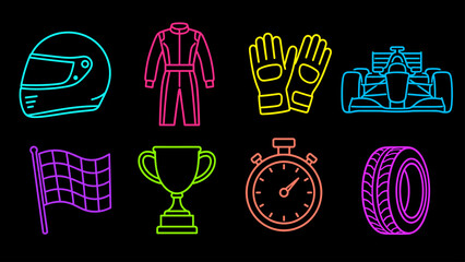 Fototapeta premium Collection of racing icons including a car, helmet, trophy, and checkered flag