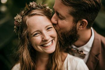 Fototapeta premium A smiling woman with wavy blonde hair, wearing a white top and a floral wreath on her head, being kissed on the forehead by a man.