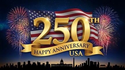 Fototapeta premium 250th happy anniversary usa 250 years american flag fireworks and national monuments silhouette celebration.