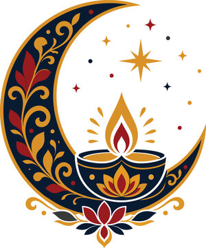 Ornate diwali lamp on crescent moon with stars and floral elements in deep blue and gold for festive celebration.