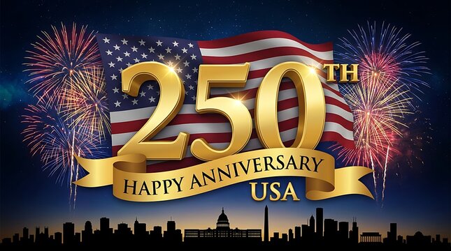 250th happy anniversary usa 250 years american flag fireworks and national monuments silhouette celebration.