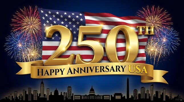 250th happy anniversary usa 250 years american flag fireworks and national monuments silhouette celebration.