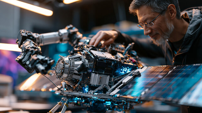 Satellite servicing spacecraft shown in a technical briefing room scale mockup as an engineer manipulates the articulated robotic arm mounted at the docking collar, demonstrating reach envelope duri