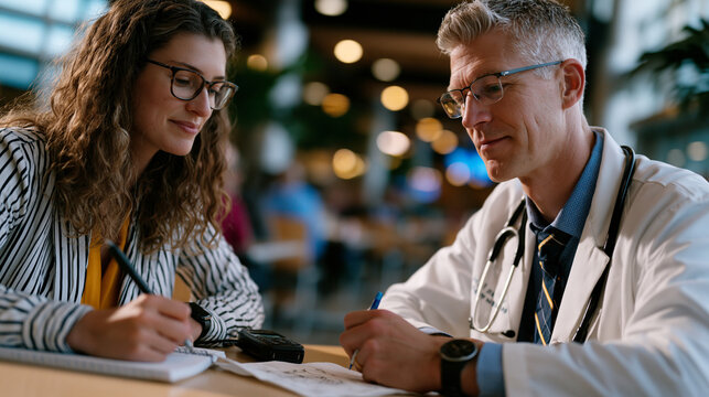 Science journalist sitting across a cafeteria table from a research immunologist at a public hospital, digital recorder between them, journalist scribbling shorthand while the scientist sketches a d