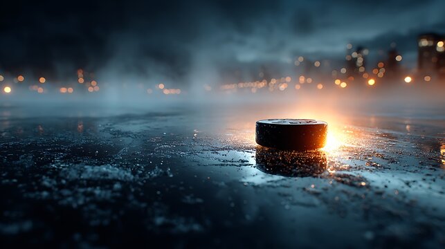 Black hockey puck on scratched ice surface images