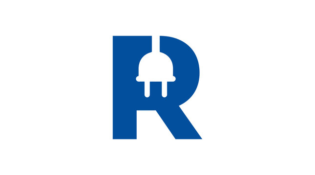 Blue letter R electric plug power logo design