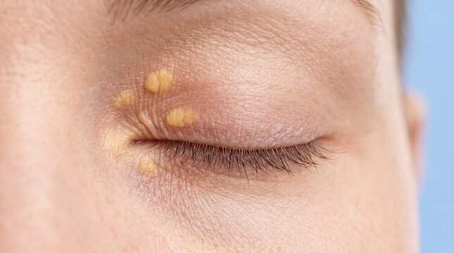 Close up of yellow xanthelasma plaques on upper female eyelid skin