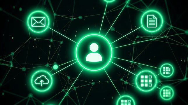 Abstract network of connections with glowing green icons representing data email cloud and documents on black background.
