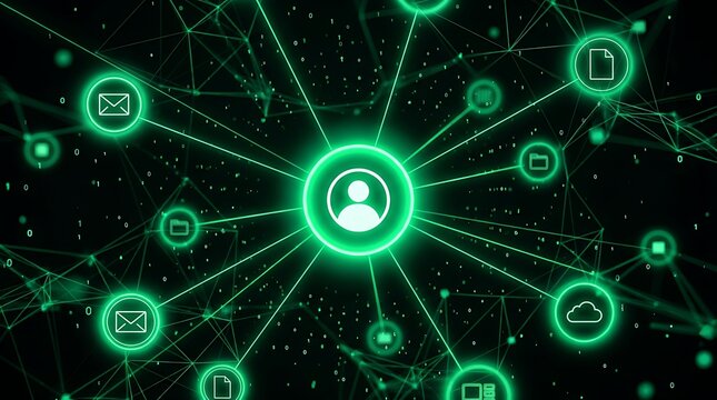 Abstract network of connections with glowing green icons representing data email cloud and documents on black background.