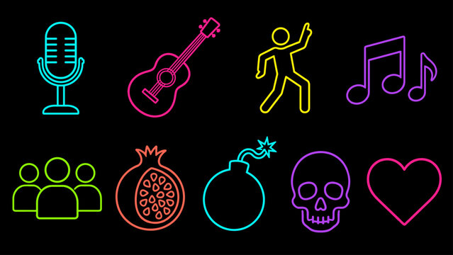 Collection of neon icons representing music, people, and abstract concepts