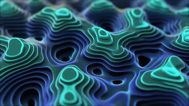 Abstract Topographic Contour Map Wavy Surface with Blue and Teal Glowing Lines Loop