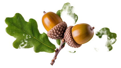 Two ripe acorns on a branch with oak leaves © Lukas