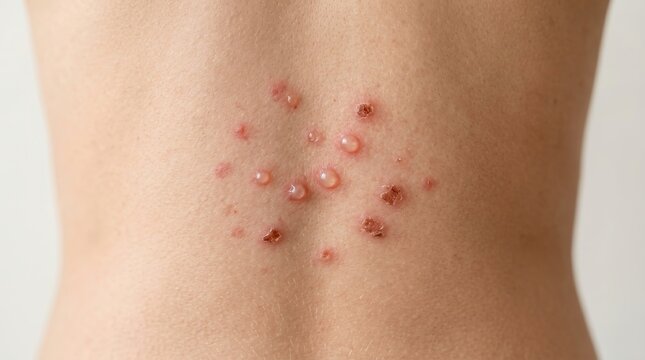 Centrally clustered vesicular shingles rash with crusted lesions on back