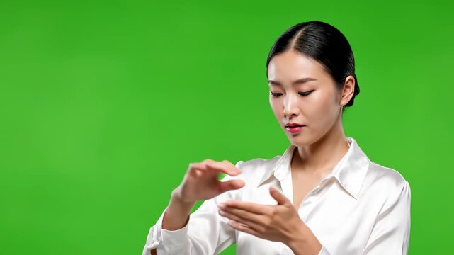 Cheerful young woman in white shirt waving hand greeting studio portrait