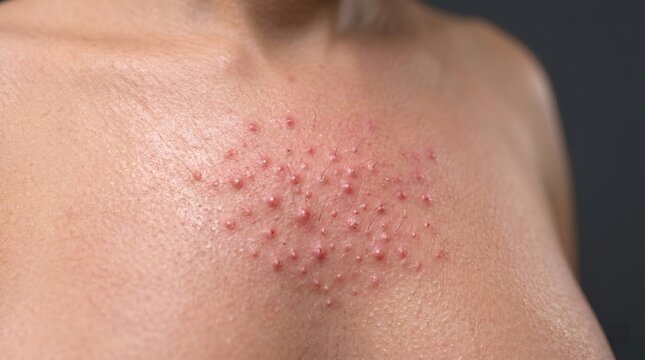 Extensive pityrosporum folliculitis breakout with pink papules on chest