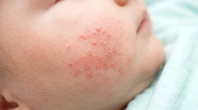 Infantile eczema papules and dry patches on cheek of a newborn