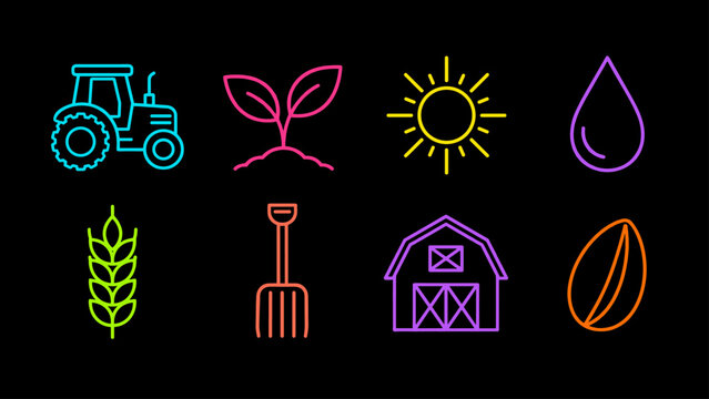 Set of colorful neon farm icons on a black background