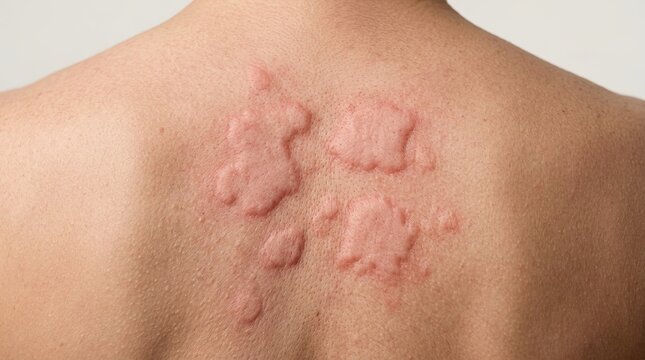 Acute urticaria wheals and large edematous hives on patient back