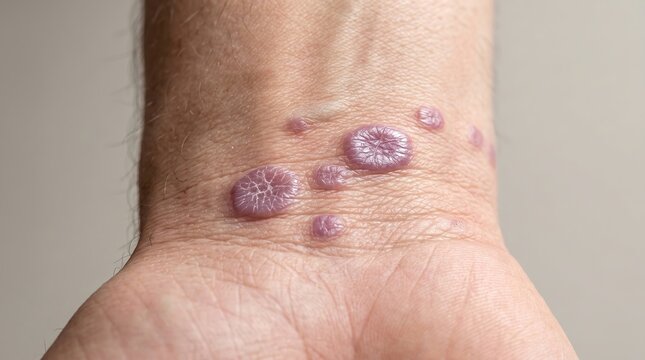 Flat topped violaceous lichen planus papules on wrist flexor surface