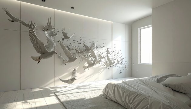 Modern minimalist white bedroom featuring interactive relief wall panels that transform into a flock of migrating birds in flight, illuminated by soft natural light from a window.