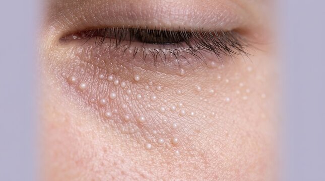 Close up of multiple white milia cysts under lower eyelid skin