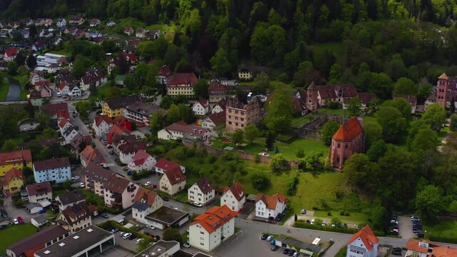 Aerial view beside the old town and monastery ruin of the city Hirsau in south Germany beside calw in the black forest on a sunny spring noon