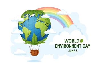 Fototapeta premium World Environment Day June 5 with Eco Earth Hot Air Balloon and Rainbow – Global Sustainability Illustration