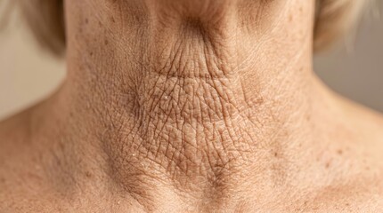 Naklejka premium Deep reticular neck wrinkles and loose skin sagging on elderly female