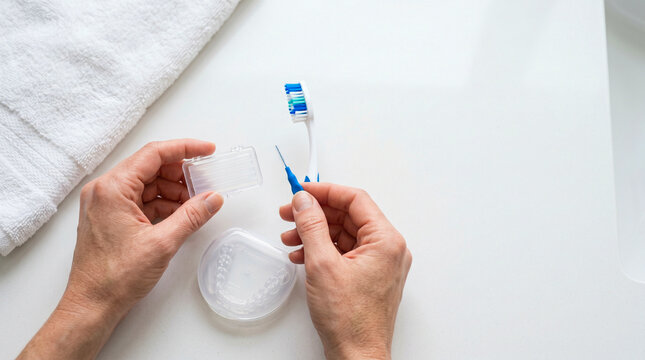 Cleaning clear dental aligner with toothbrush