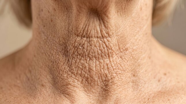 Deep reticular neck wrinkles and loose skin sagging on elderly female