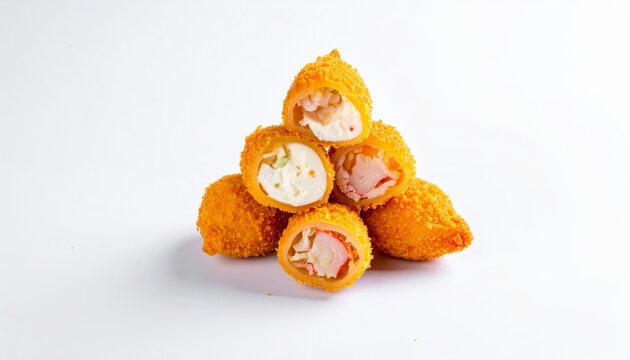 Crispy fried crab rangoon appetizers filled with creamy cheese stacked on a white surface