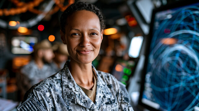 Naval operations officer aboard a gray-hulled tracking vessel stands before a large radar display plotting orbital object passes, while a uniformed team behind her cross-references satellite identif
