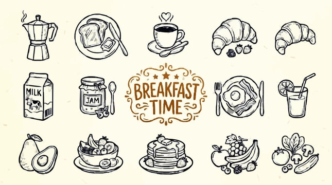 Breakfast time collection of hand drawn food icons, cute sketch style illustrations featuring coffee, pancakes, fruit, and bakery items isolated for menu design and culinary creative projects.