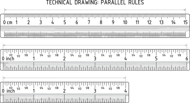 Technical drawing parallel rules vector set with centimeter and inch measurement scales for engineering drafting architecture mathematical geometry and school supplies illustration.eps