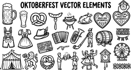 Naklejka premium Oktoberfest Vector Elements: Line Art Illustrations of Beer, Food, and German Culture