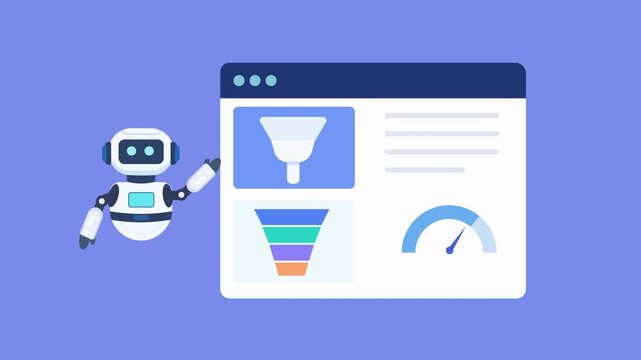 Animated robot assistant presenting a sales funnel analytics dashboard with conversion stages, performance metrics, and business insights. Looping motion graphic for marketing and data analysis concep