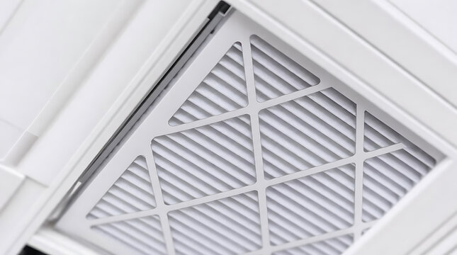 Air conditioning filter installed in a ceiling vent, showcasing a grid pattern and clean white design, part of an HVAC system in a modern indoor environment