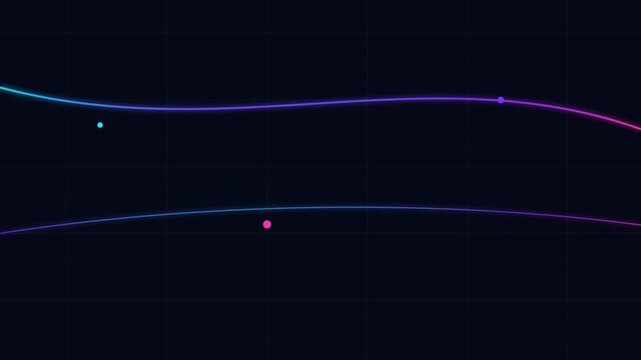 Glowing neon waves and floating circles moving across a dark grid background in this abstract digital motion video clip design