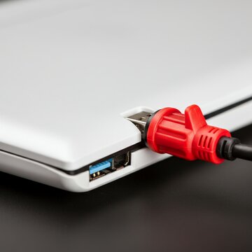 Eye-level close up of a USB port physically blocked by a bright red tamper-proof security plug on a white laptop.