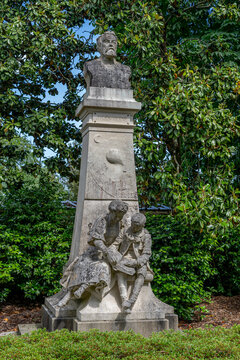 Nantes, France - 05 09 2026: The botanical garden. Detail view of the Jules Verne sculpture by Jean Mazuet in the park