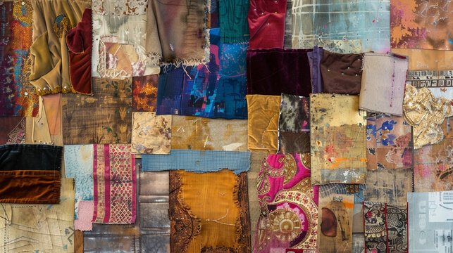 Abstract fabric collage with various textures and colorful textile patterns