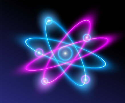 Glowing neon atom with blue and magenta energy orbits. Futuristic science illustration symbolizing quantum physics, atomic structure, research, innovation and advanced technology.
