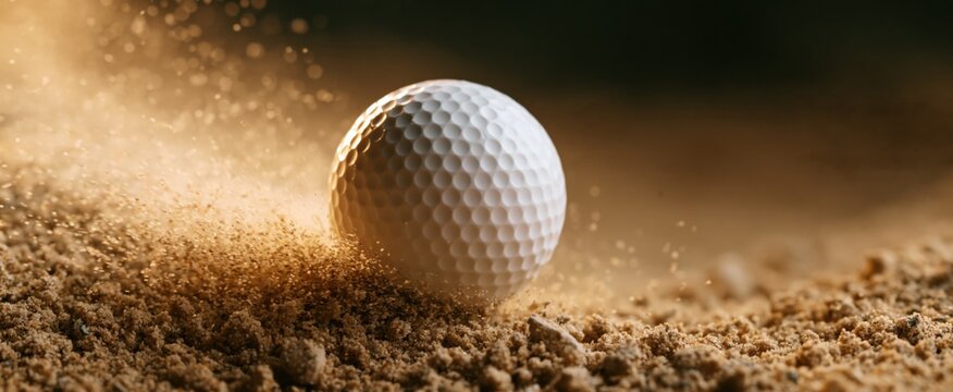 Golf ball splashing sand in a sunlit bunker during an intense golf shot.