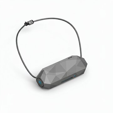 Isometric perspective of a futuristic wearable privacy jammer necklace with matte grey plating on a white background.
