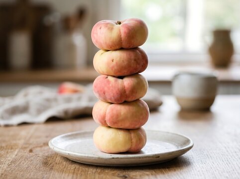 A stacked composition of unique flat donut peaches